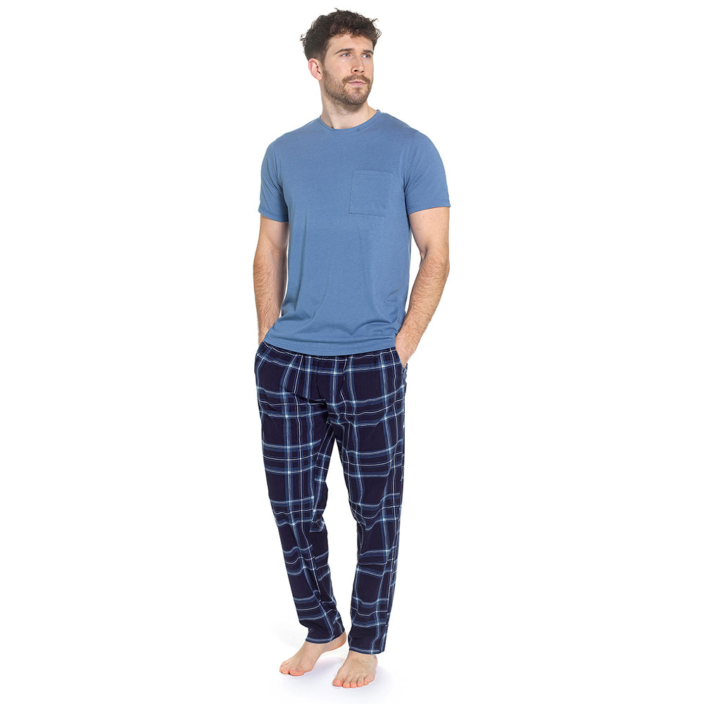 Mens Pyjama Set Jersey Top Fleece Check Pants Drawstring Waist M–XXL