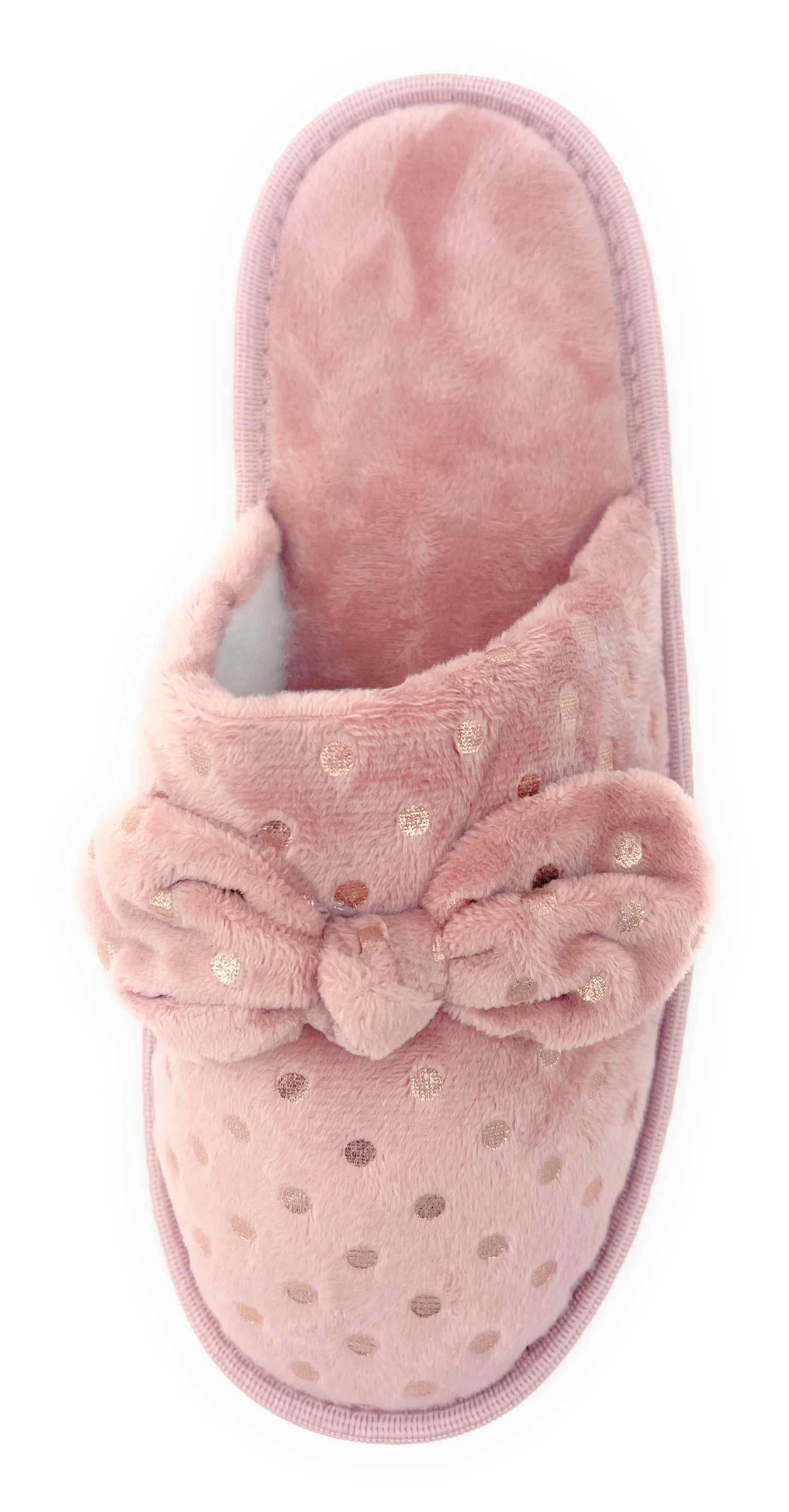 Ladies Foil Spot Pink Velour Mule Slippers with Bow