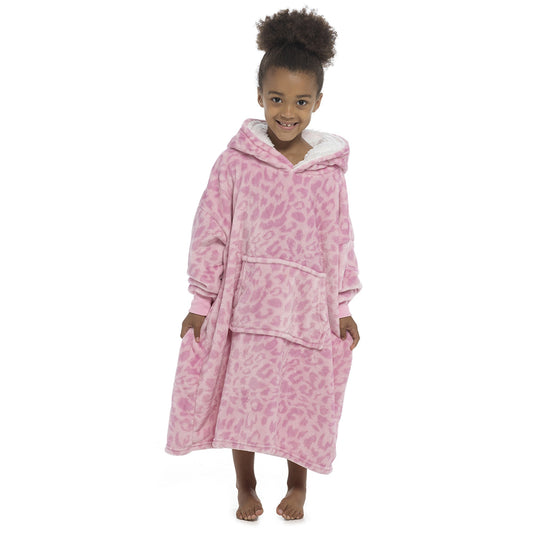 Girls Pink Oversized Hoodie Soft Panther Animal Print Hooded Sweatshirt Fleece-Lined Hood Loungewear