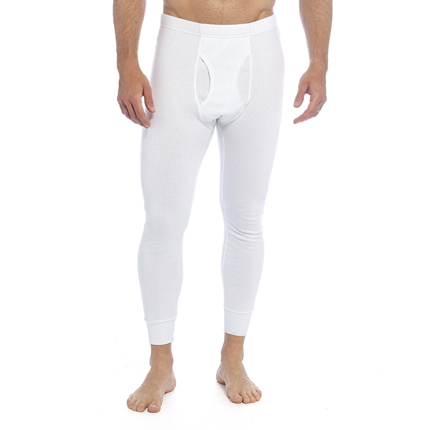 Mens Thermal Long Johns Underwear Base Layer Ribbed Brushed Cotton Blend White