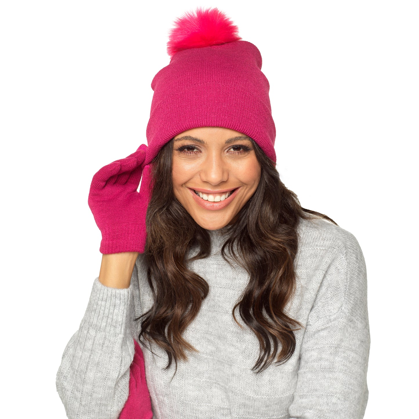 Ladies Pom Pom Hat and Touch Screen Gloves Set