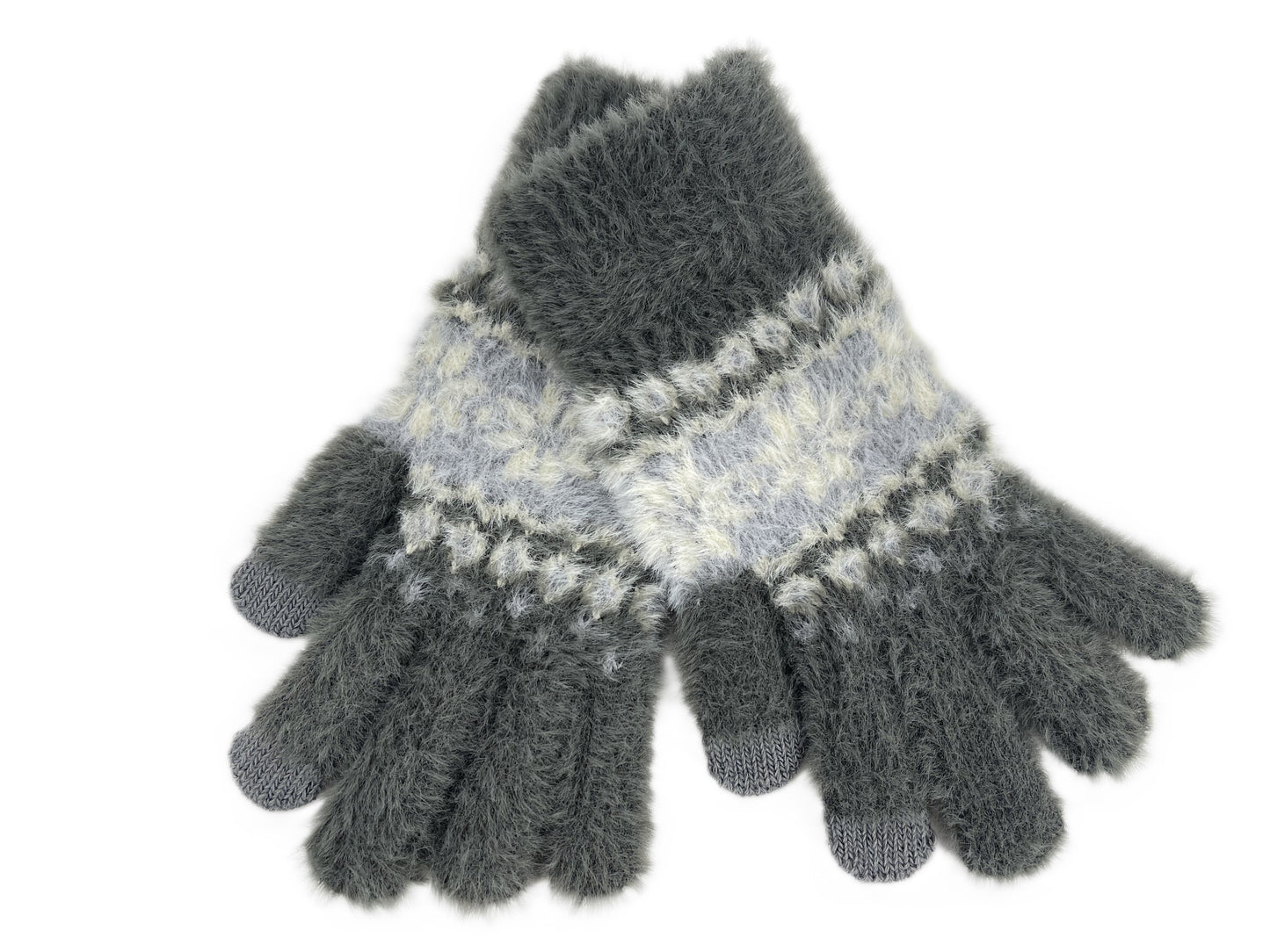 Ladies Touchscreen Gloves Soft Fluffy Fair Isle Pattern Knitted Winter Gloves