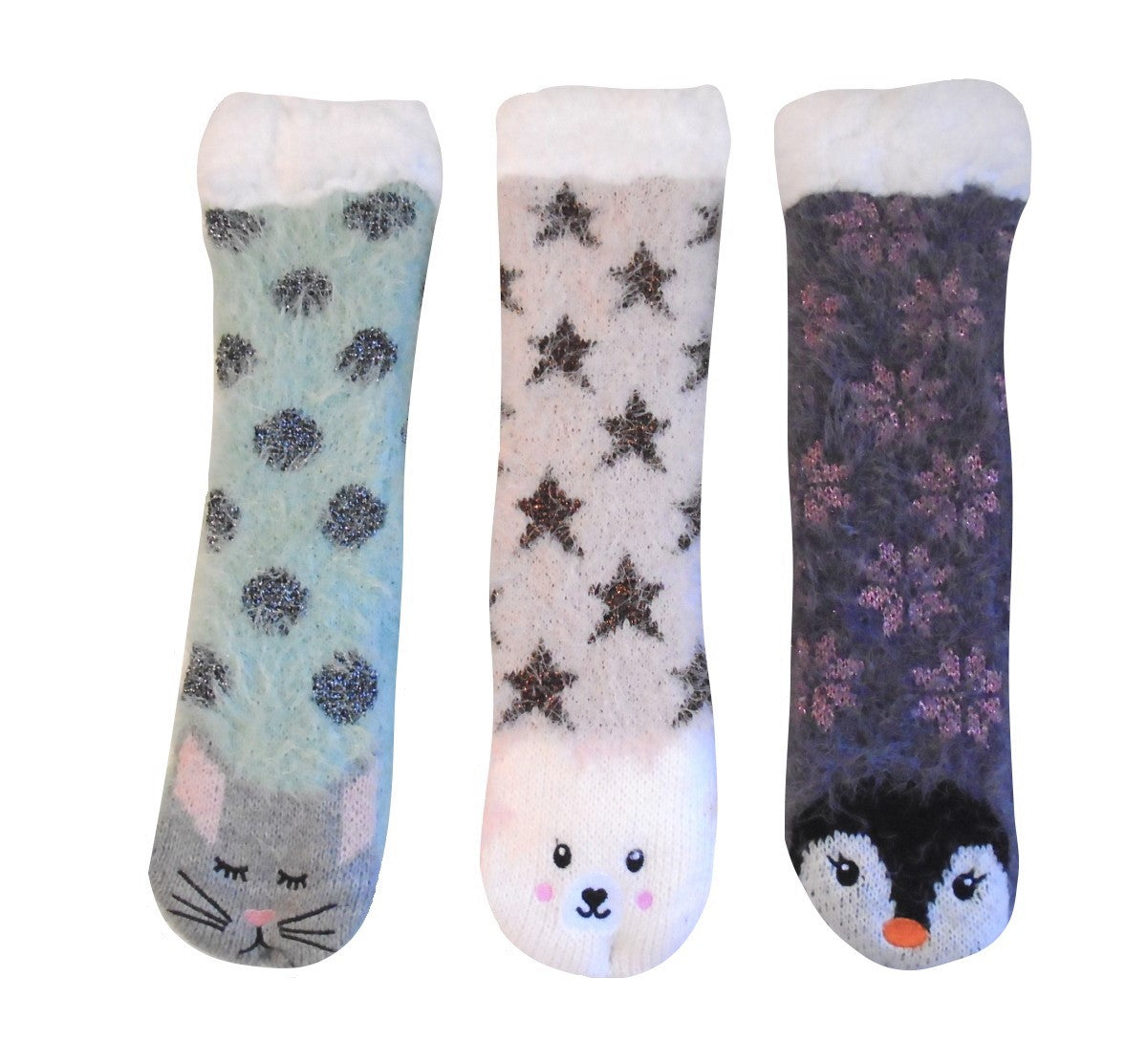 Ladies Animal Face Sherpa Lined Slipper Socks One Pair, 3 Colours to choose from