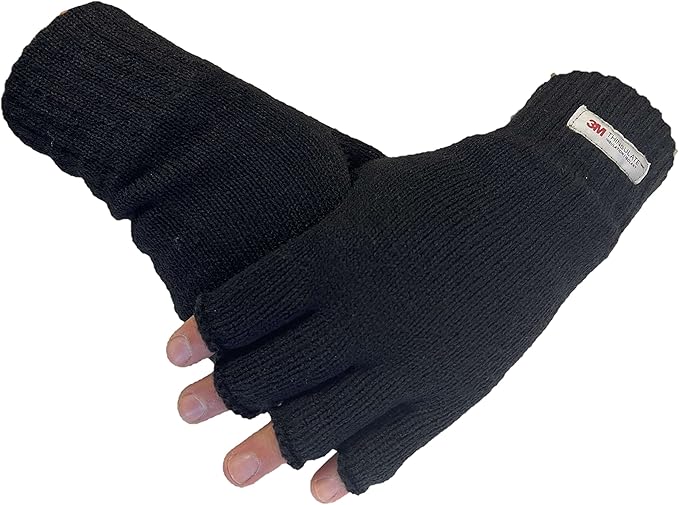 Men's Fingerless Gloves Black Knitted Thermal 3M Thinsulate-Lined