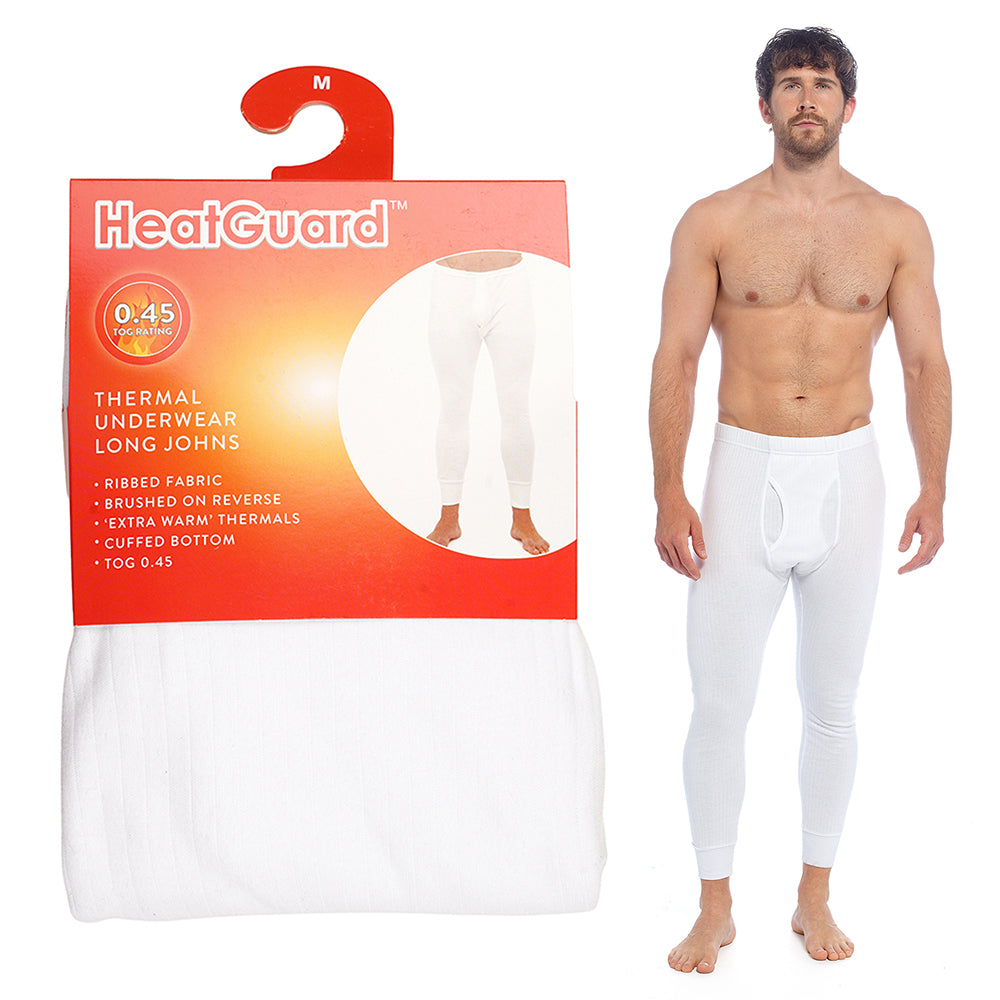 Mens Thermal Long Johns Underwear Base Layer Ribbed Brushed Cotton Blend White