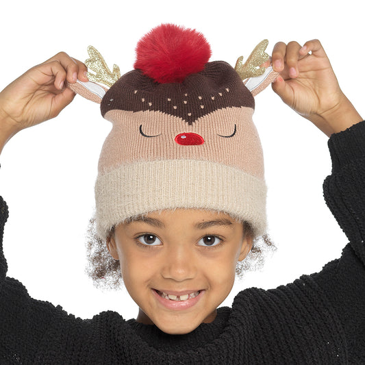 Childrens Christmas Bobble Hat Rudolph the Red Nosed Reindeer with Sparky Antlers and Faux Fur Pom-Pom