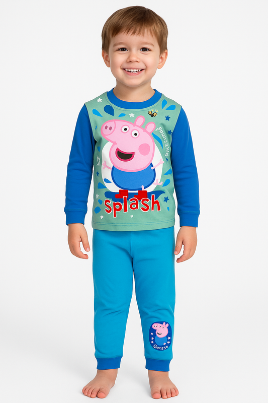 George Pig Boys Pyjamas | 100% Cotton Top & Bottoms | Long Sleeve & Long Leg Puddle Play Splash Nightwear | Ages 18-24 Months to 5 Years