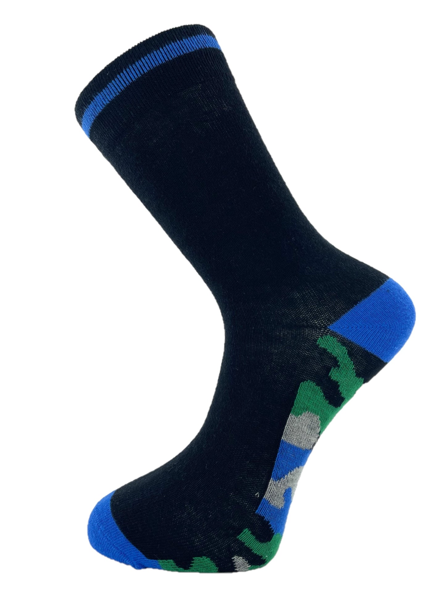5 Pairs Mens Cotton Rich Black Socks with Multicoloured Camo Soles