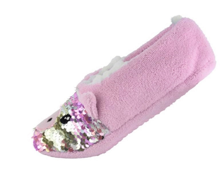 Ladies 2-Pack Pig Design Slipper Socks with Reversible Sequins Cosy & Fun Footwear