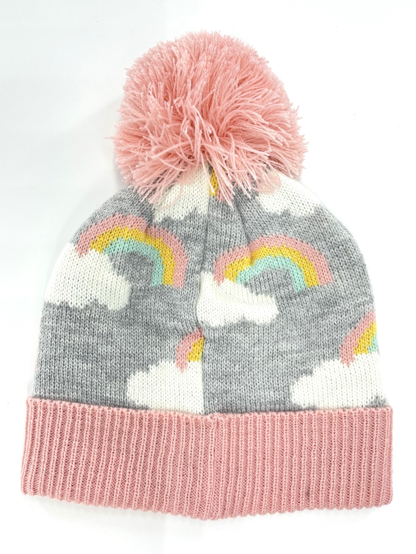 Girls Rainbow Design Bobble Hat Soft Knitted Winter Beanie with Pink Pom-Pom