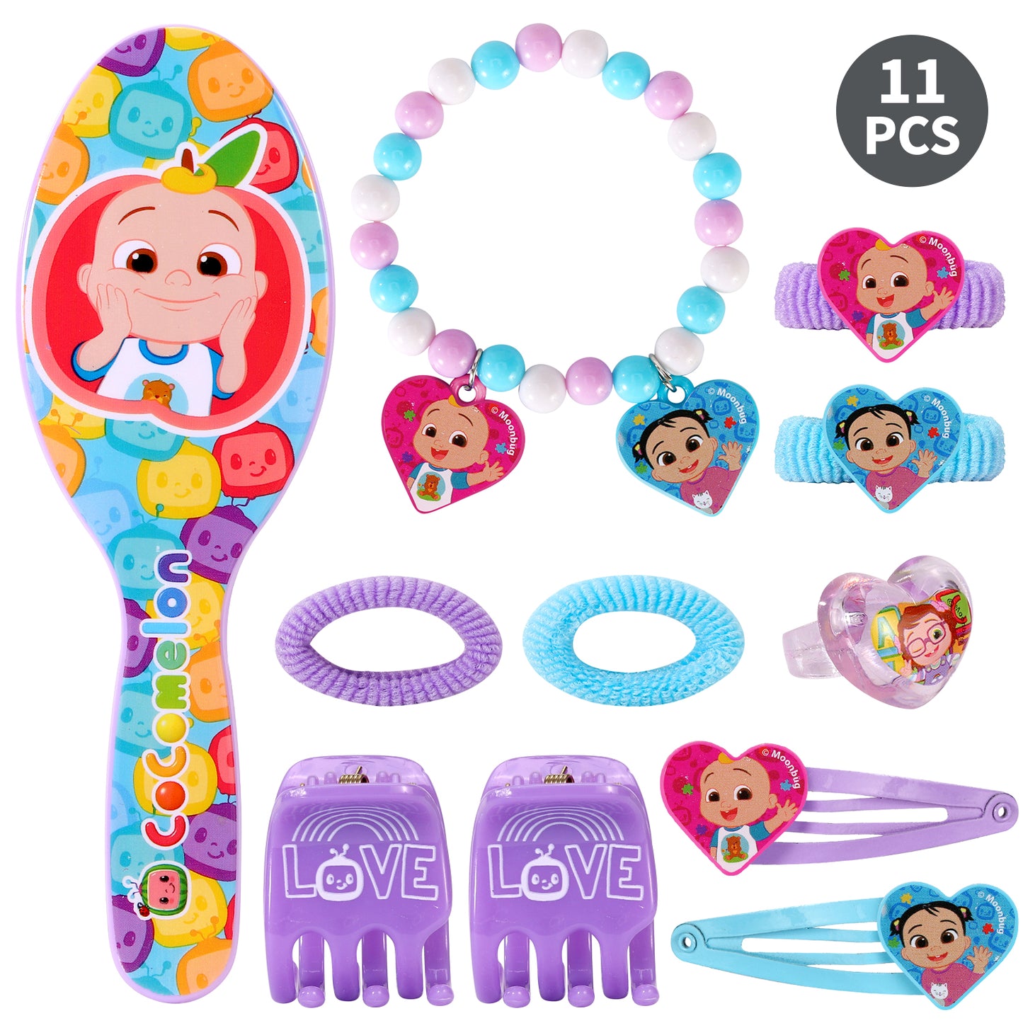 CoComelon Beauty Set for Kids – 11 Piece Hair & Jewellery Accessories with Brush, Clips, Bracelet & Rings – Pretend Play Gift for Girls & Boys – Official CoComelon