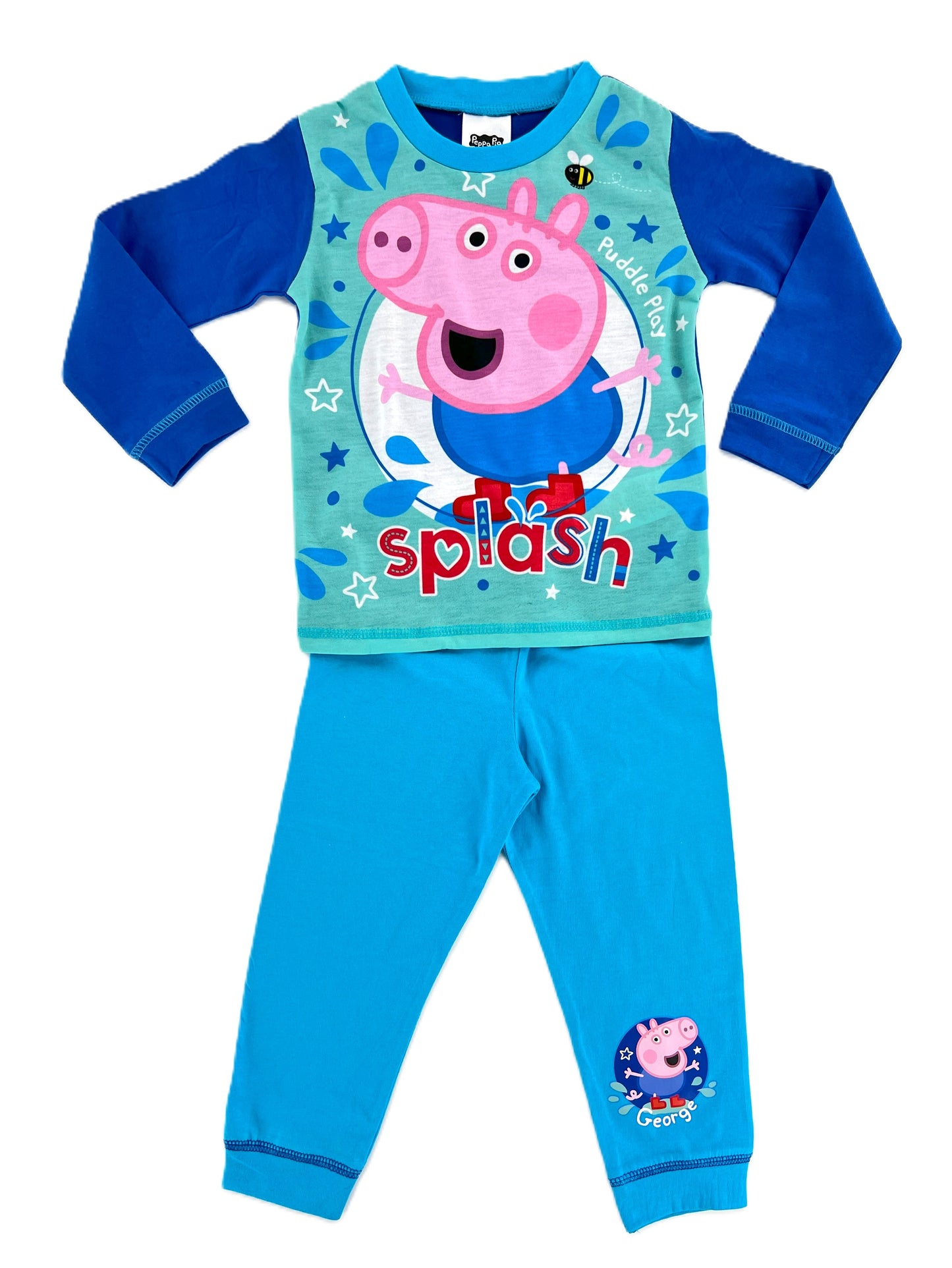 George Pig Boys Pyjamas | 100% Cotton Top & Bottoms | Long Sleeve & Long Leg Puddle Play Splash Nightwear | Ages 18-24 Months to 5 Years