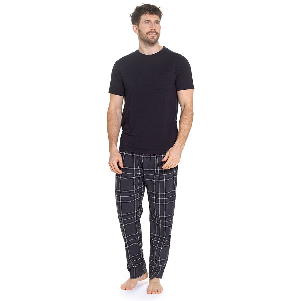 Mens Pyjama Set Jersey Top Fleece Check Pants Drawstring Waist M–XXL