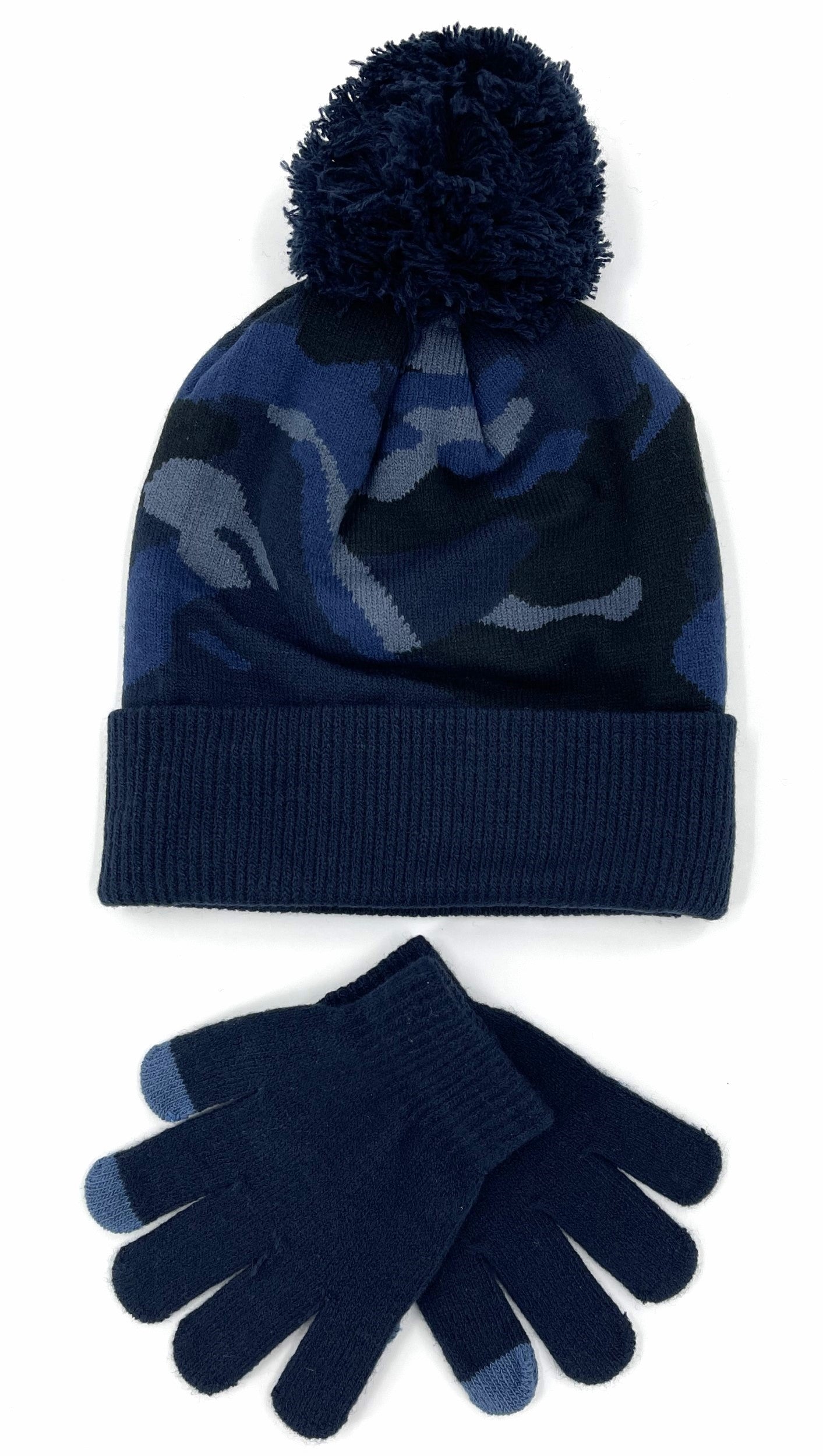 Boys Camo Bobble Hat & Touchscreen Gloves Winter Knit Set 6–12 Years