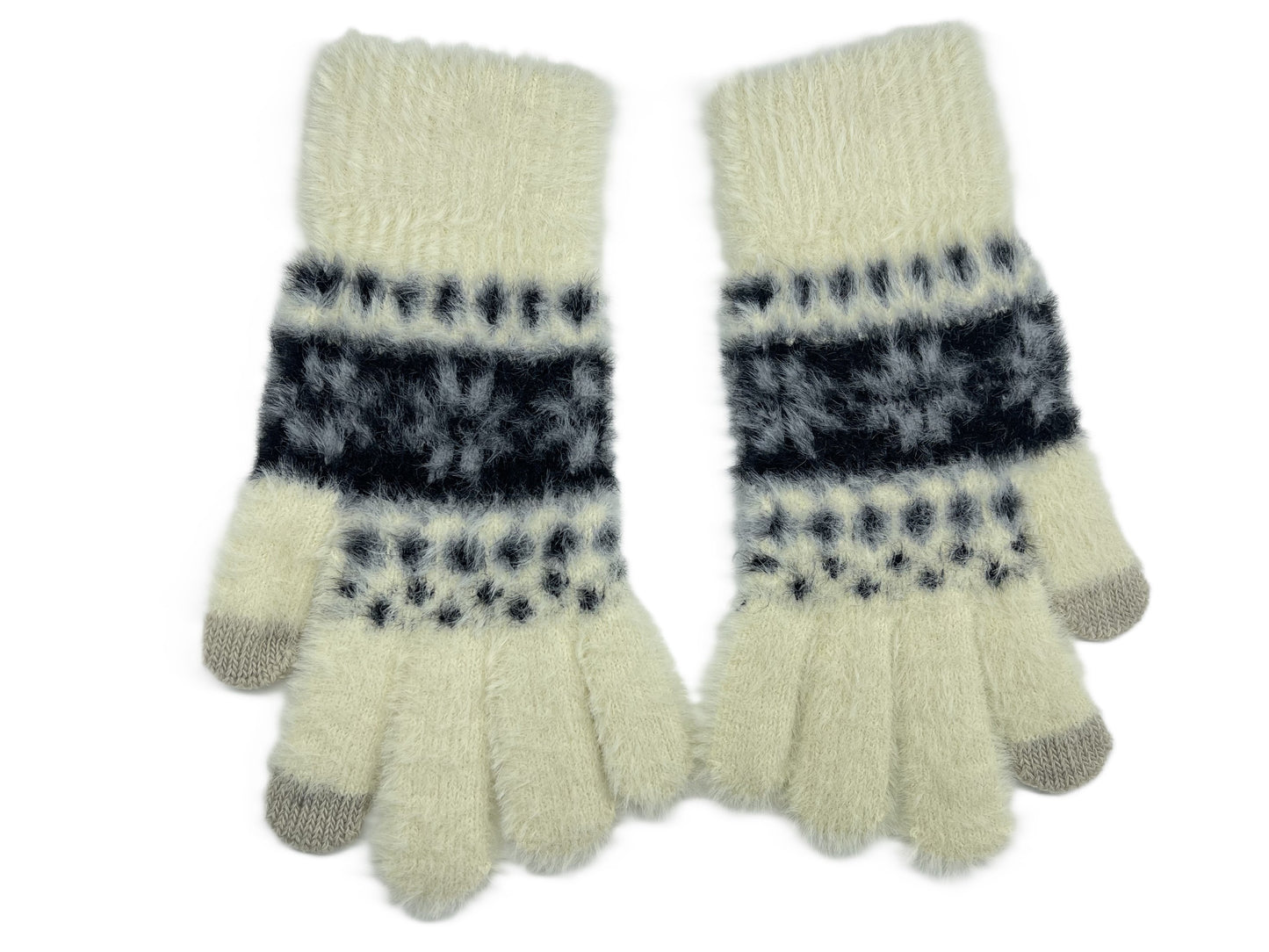 Ladies Touchscreen Gloves Soft Fluffy Fair Isle Pattern Knitted Winter Gloves