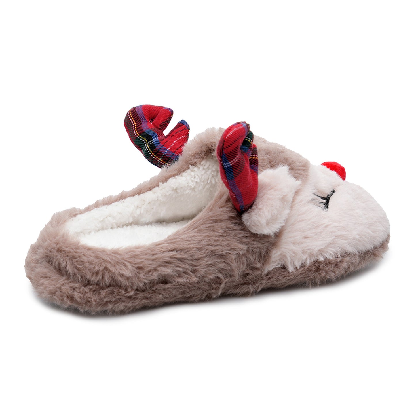 Ladies Christmas Reindeer Slippers Faux Fur Mule Style Slip-On House Shoes