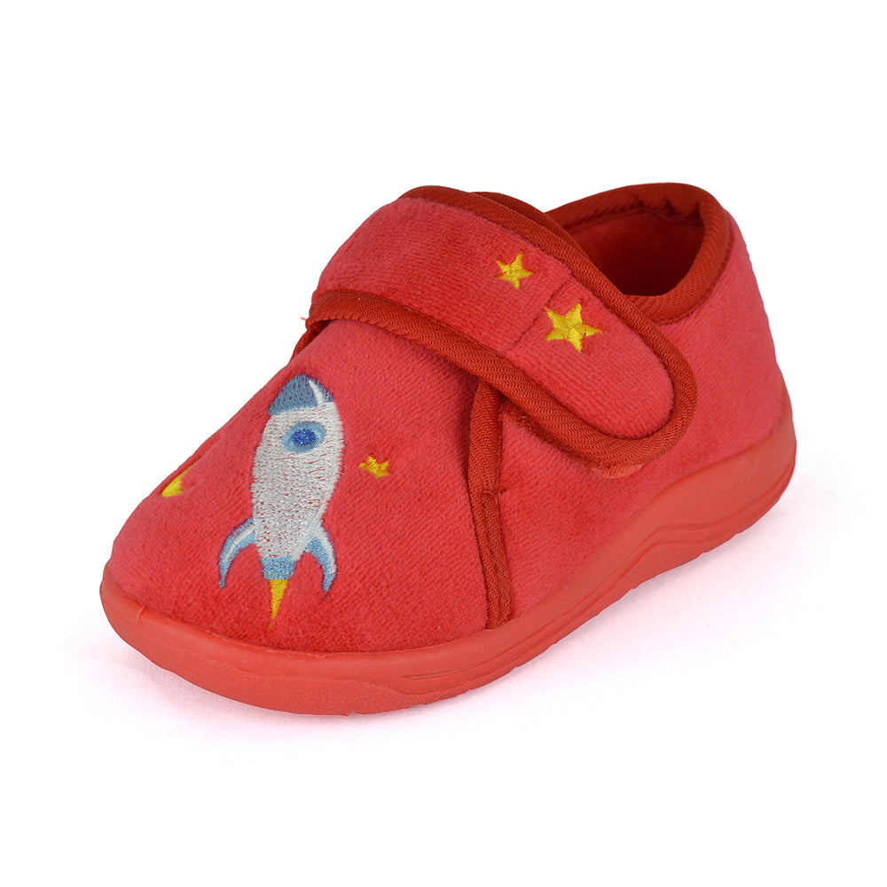 Boys Red Rocket Bootie Slippers – Velour, Touch & Close Strap, Non-Slip Sole, UK 4 7