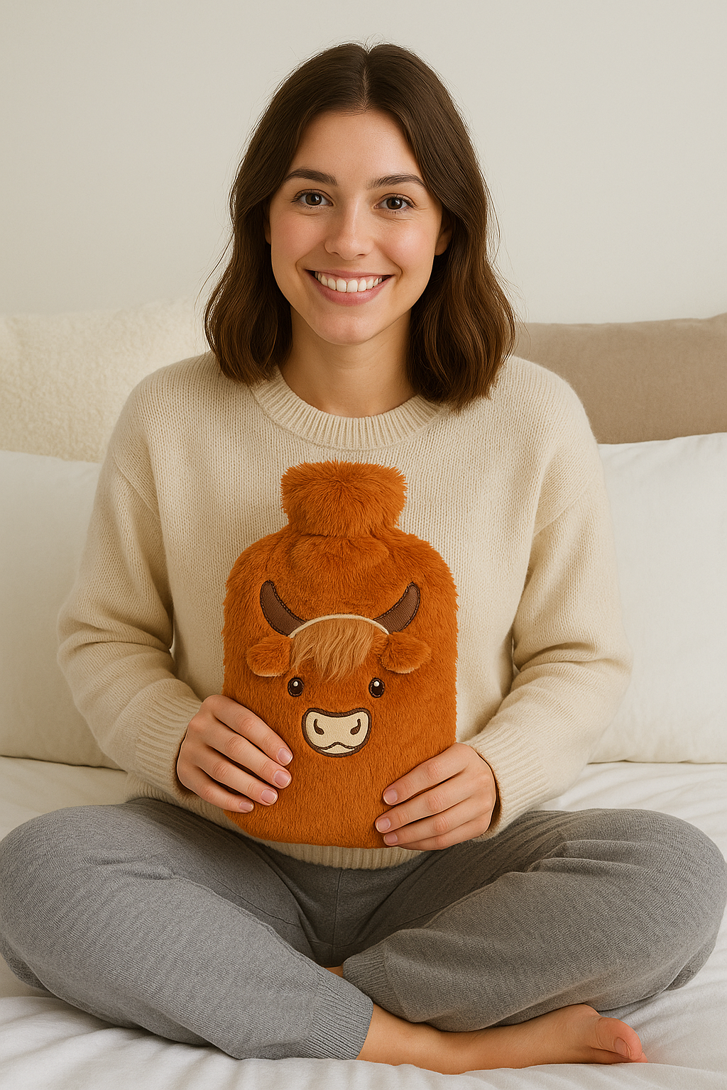 Highland Cow 2L Hot Water Bottle – Soft Plush Cover, Cute Cow Design, Reusable Rubber Bottle, Warm Comfort for Aches, Pains & Cold Nights, Cosy Winter Gift