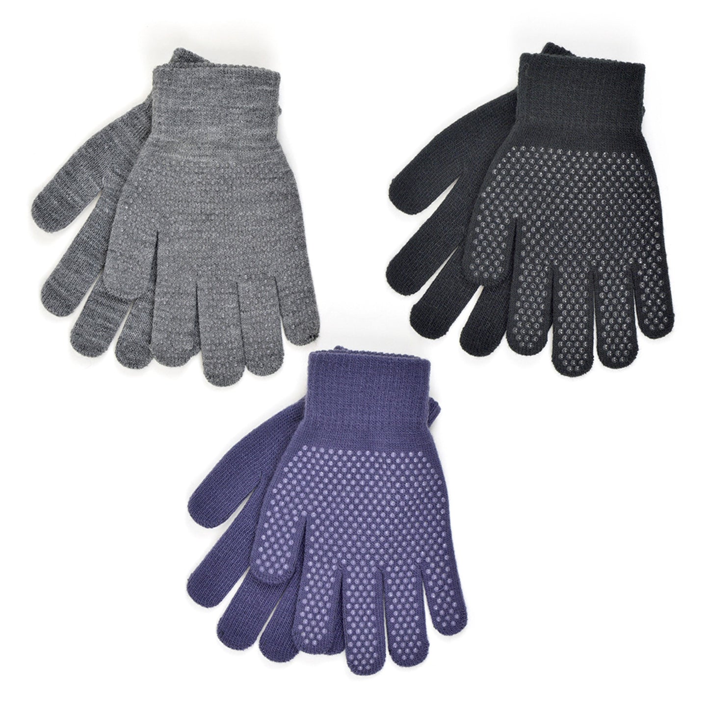 3 Pairs Ladies Thermal Grippers Gloves - Black, Purple & Grey Knitted Winter Gloves with Silicon Grips
