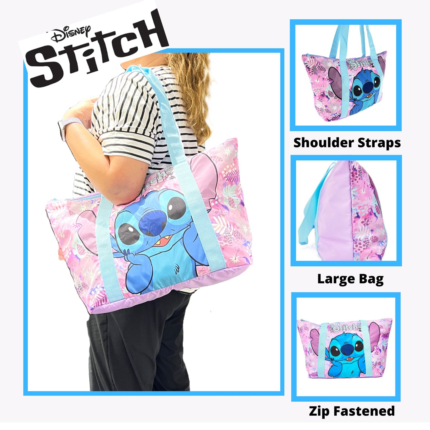 Stitch Ladies large padded zipped Tote Bag, Holidays, Beach, Overnight