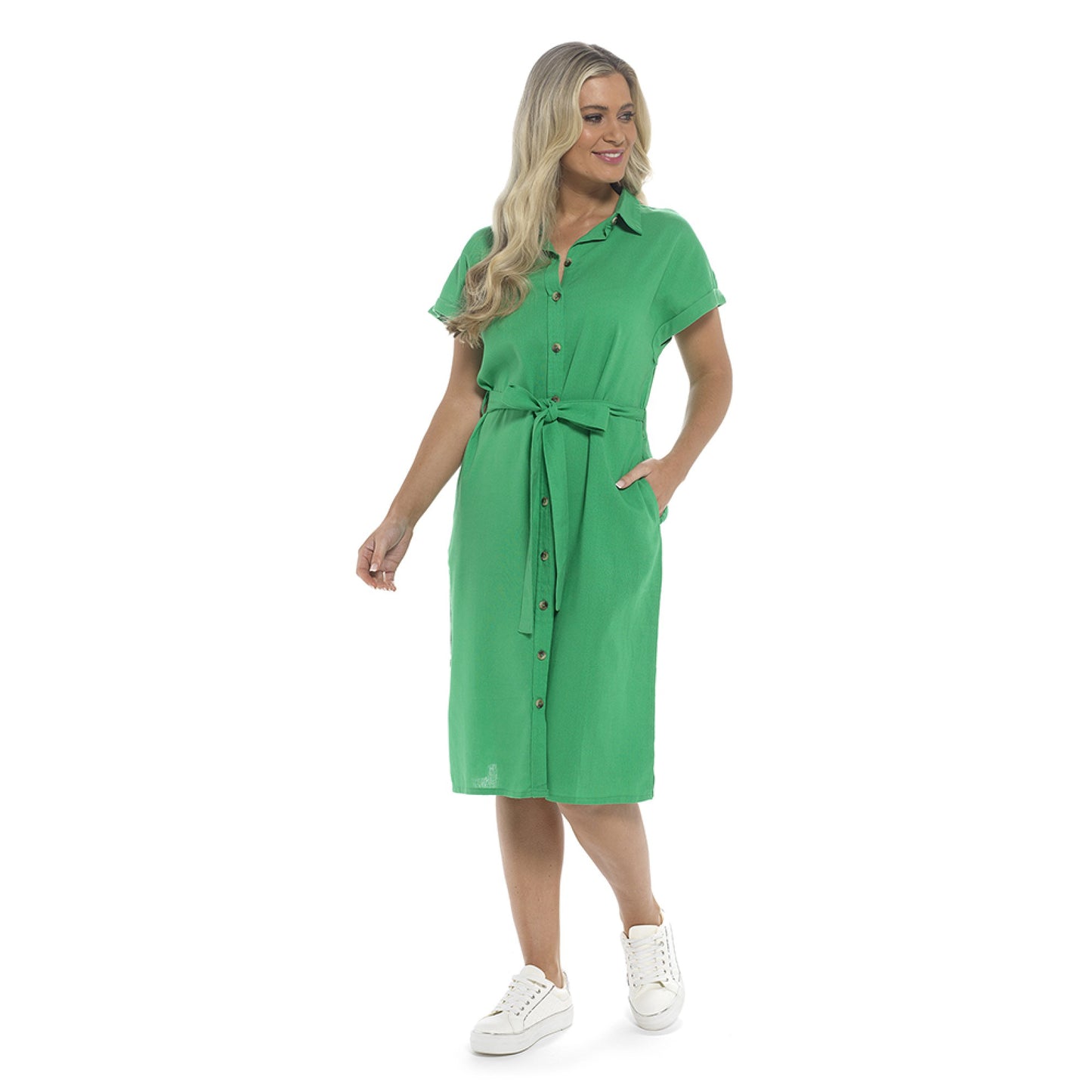 Ladies Linen Button Through Short Sleeve Dress - Green UK 14