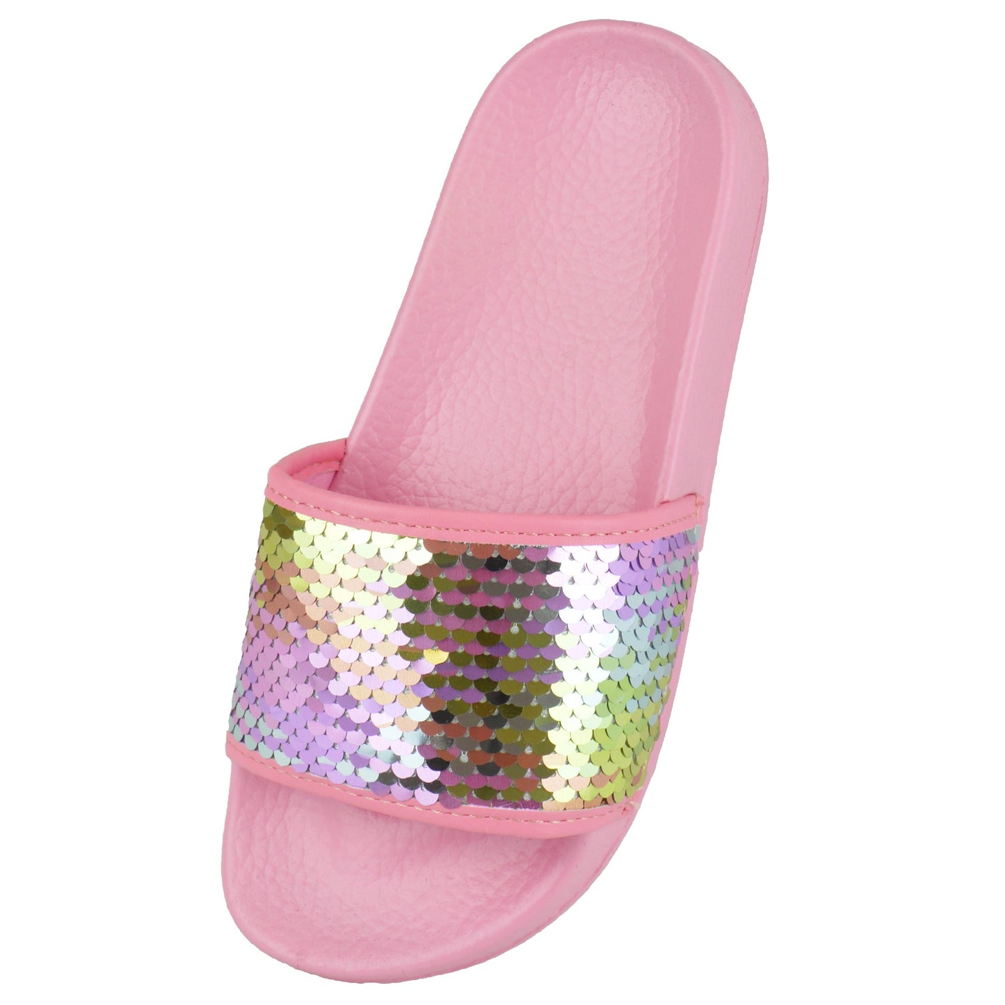 Girls Silver and Rainbow Sequin Pool Slider Beach Sandals