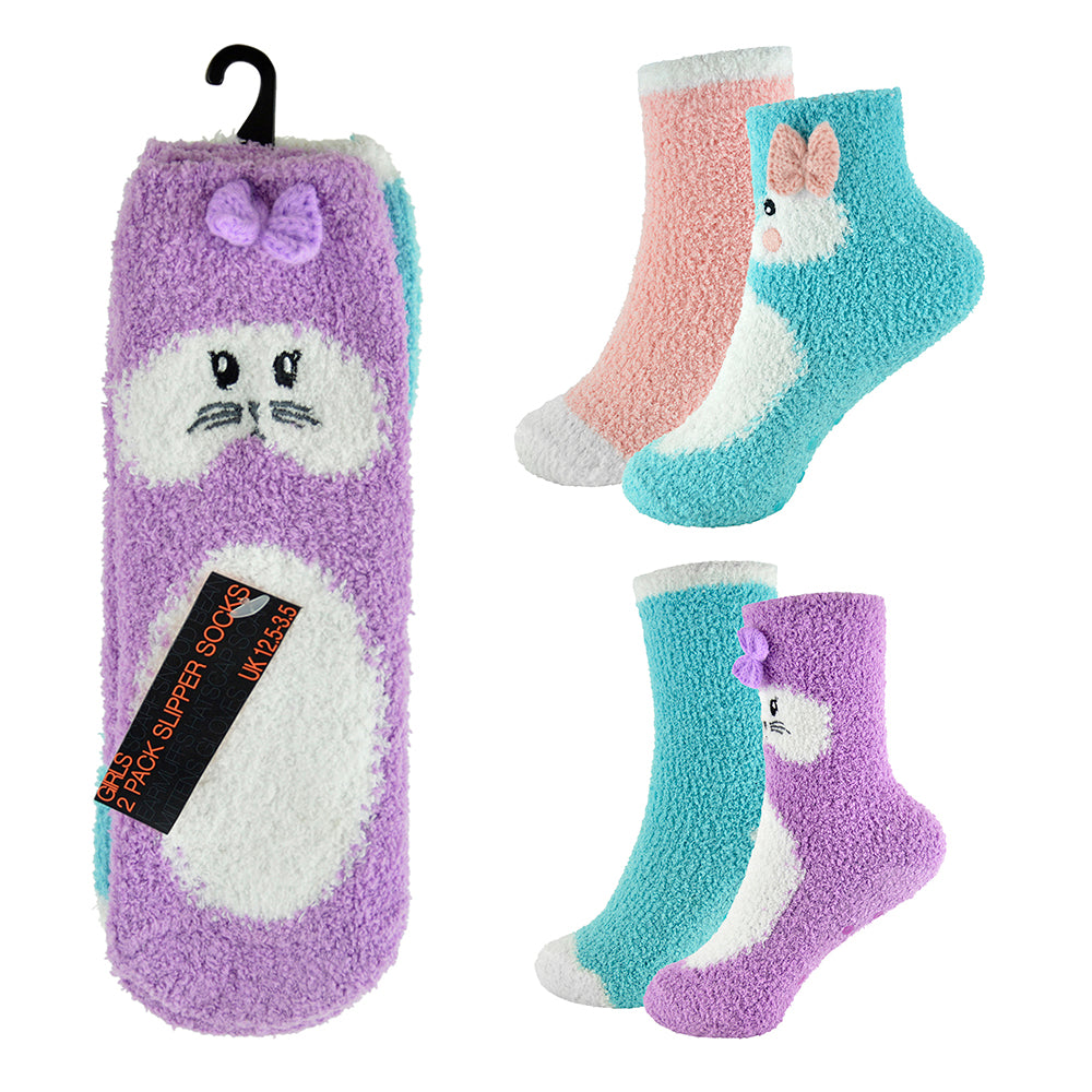 Girls 4-Pack Non-Skid Slipper Socks, Cosy Fuzzy Socks with Cute Animal Designs