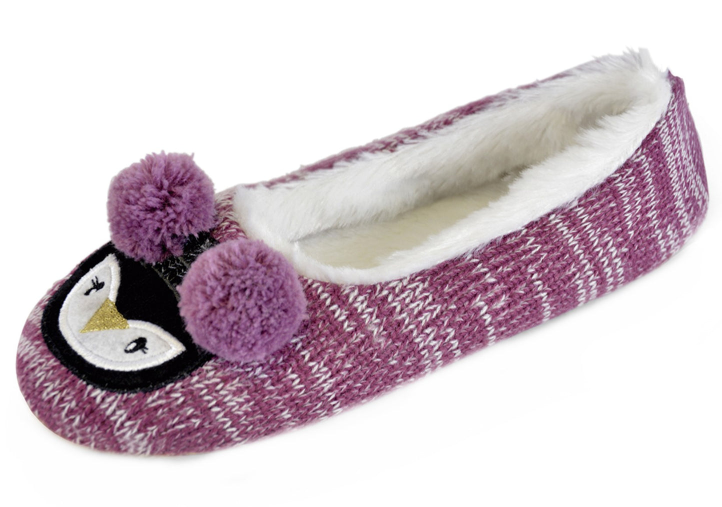 Ladies Ballet Style Slippers Animal Face Design Slip On Faux Fur Lined with Pom Poms