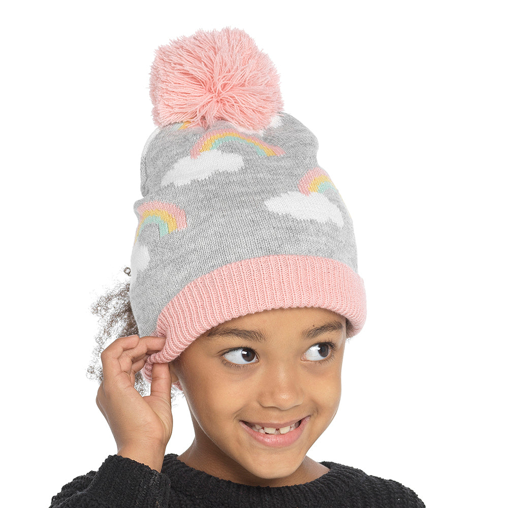 Girls Rainbow Design Bobble Hat Soft Knitted Winter Beanie with Pink Pom-Pom