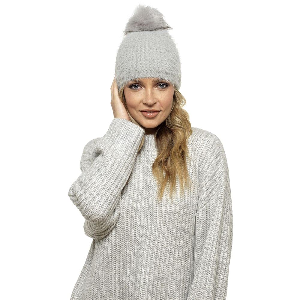 Foxbury Ladies Supersoft Knitted Hat with Faux Fur PomPom - Beige