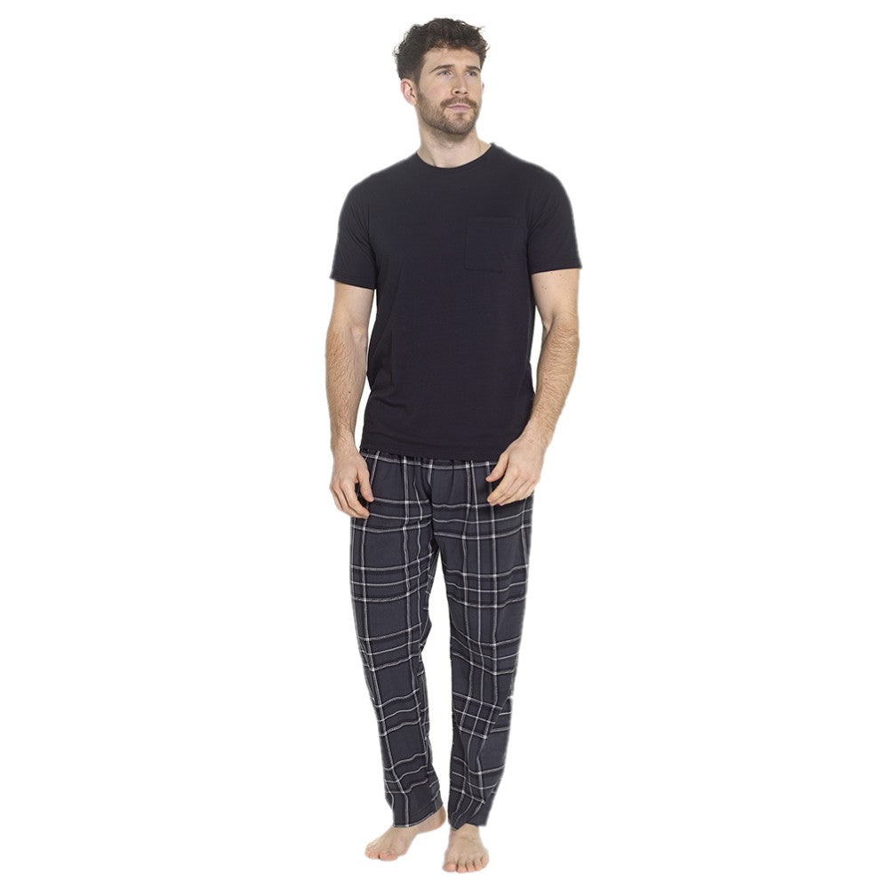Mens Pyjama Set Jersey Top Fleece Check Pants Drawstring Waist M–XXL