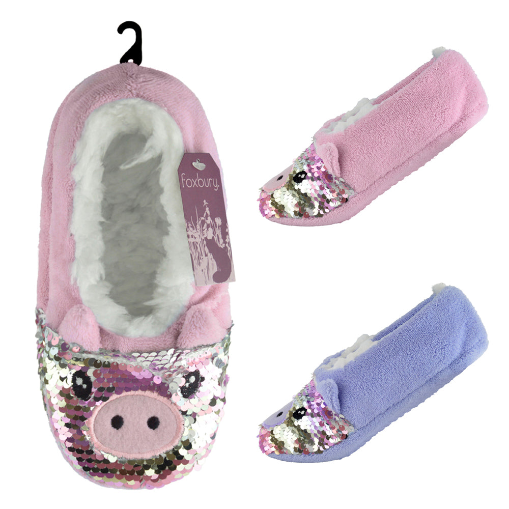 Ladies 2-Pack Pig Design Slipper Socks with Reversible Sequins Cosy & Fun Footwear