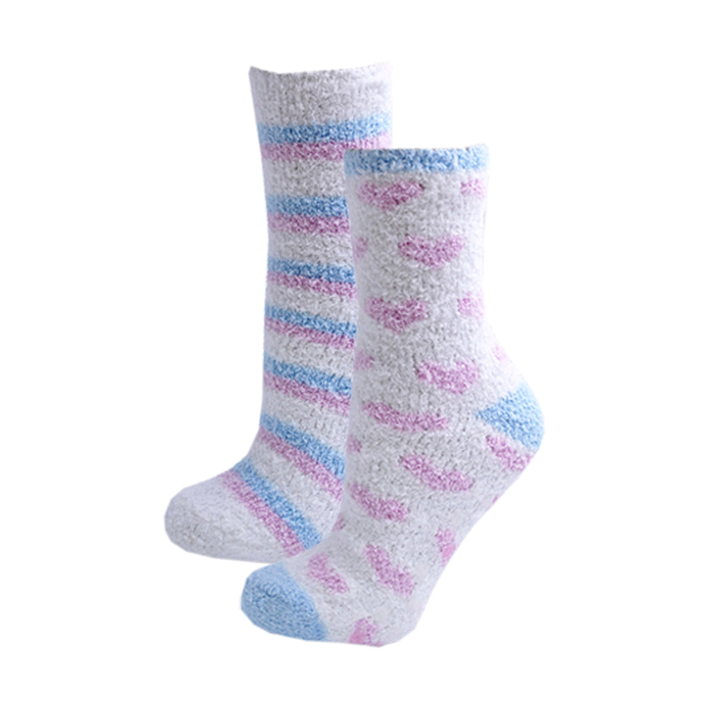 Ladies Soft Fluffy Non-Skid Gripper Slipper Snow Socks 2 Pack White Pink Stripes