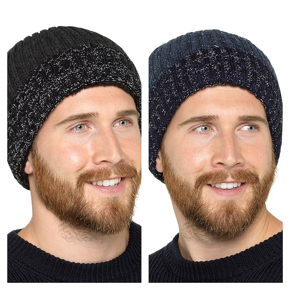 Mens Wool Blend Faux Fur Lined Ribbed Knitted Beanie Hat