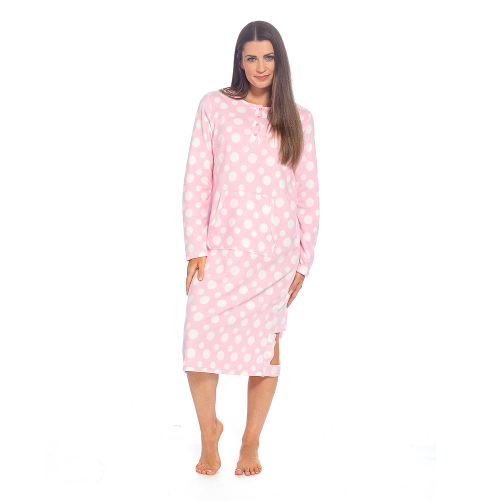 Ladies Fleece Nightie Longer Length Warm Nightdress Lounger with Kangaroo Pocket