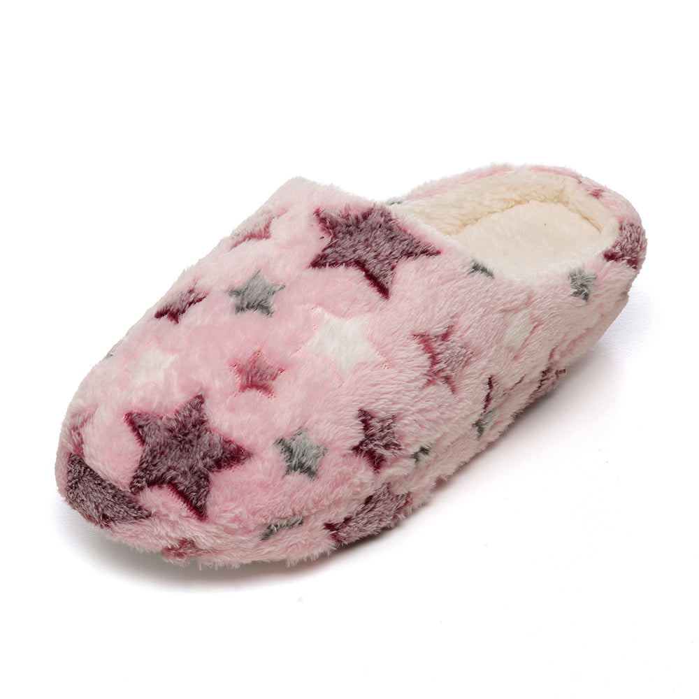 Ladies Pink Star Cosy Mule Slippers with Faux Fur Lining Memory Foam Cushioned Footbed Comfortable Non-Slip Sole Elegant Ladies Warm UK Sizes 3 -8
