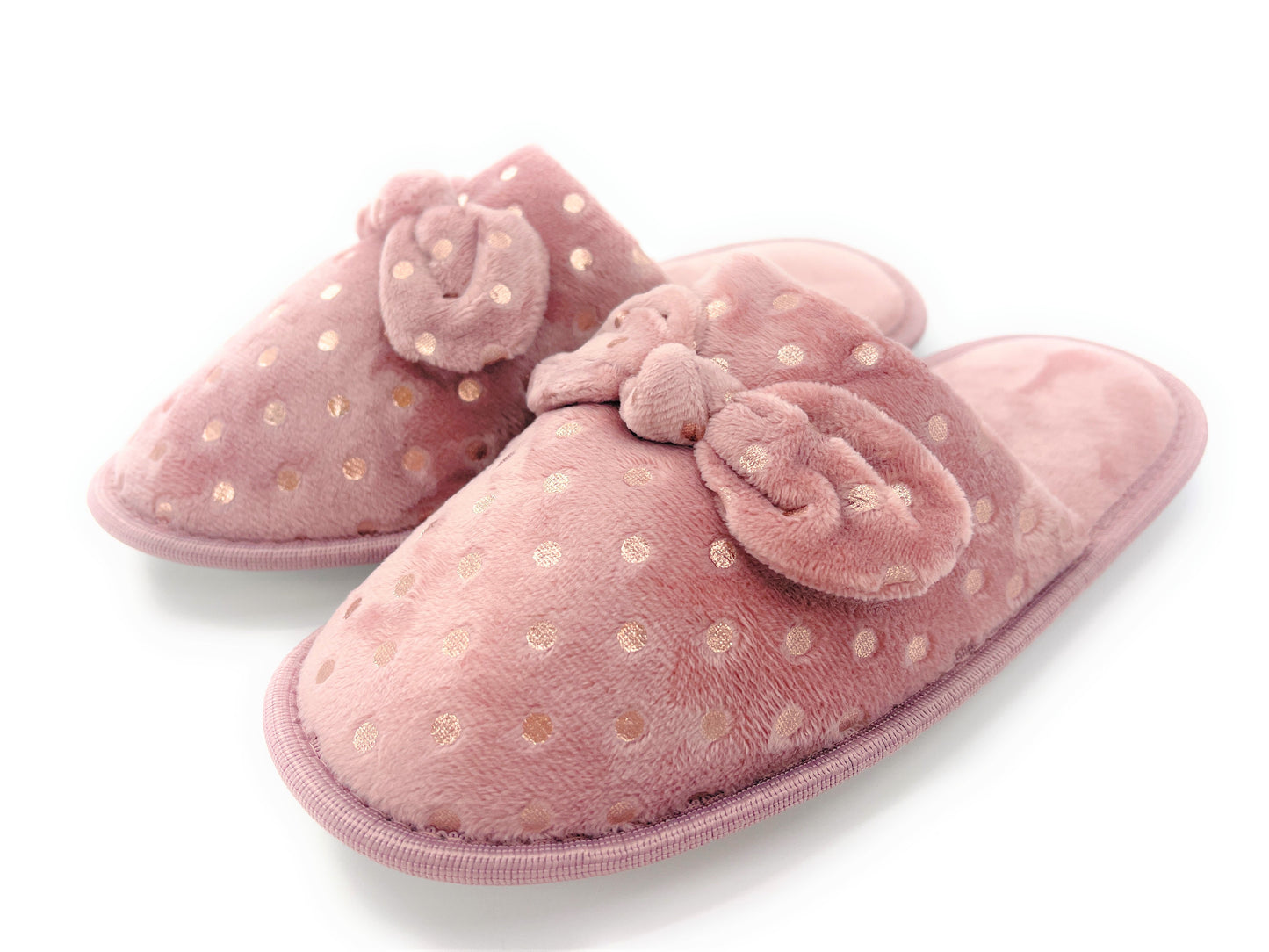 Ladies Foil Spot Pink Velour Mule Slippers with Bow