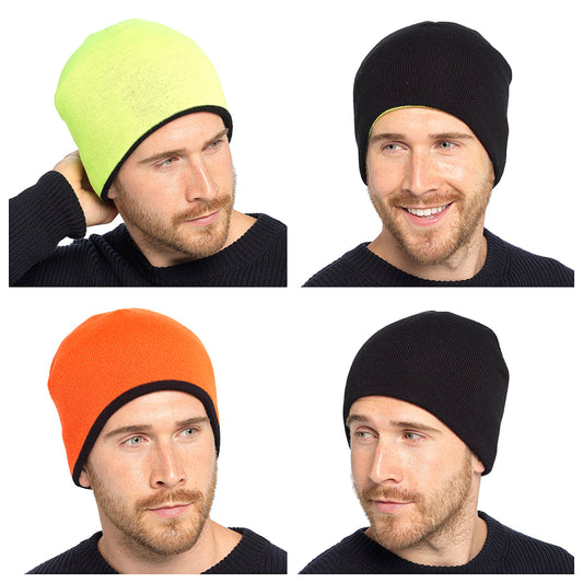 Men's High Visibility/Black Reversible Knitted Beanie Hat Winter Hat