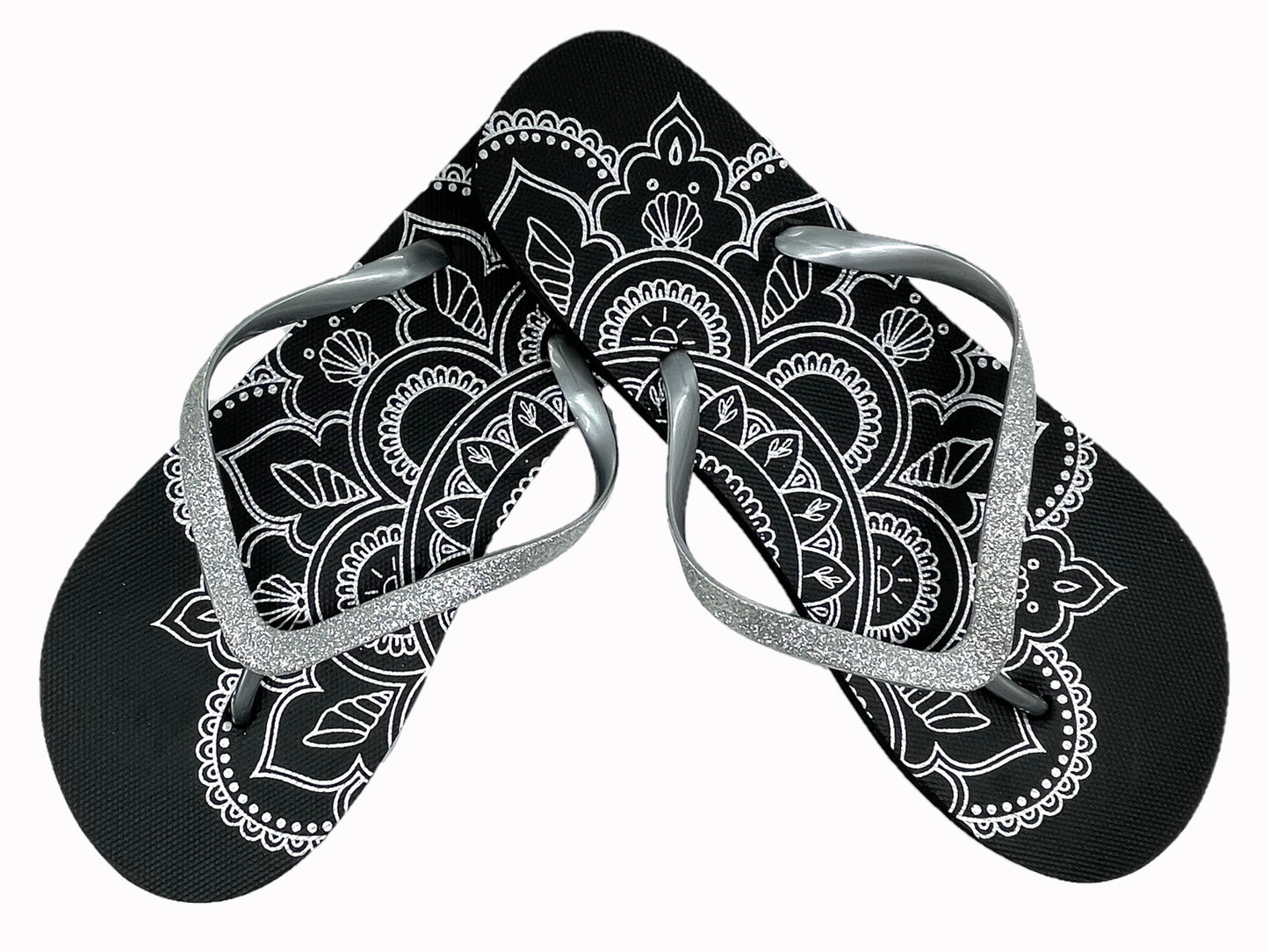 Ladies Flip Flops Glittery Strap Metallic Mandala Print Summer Beach Sandals