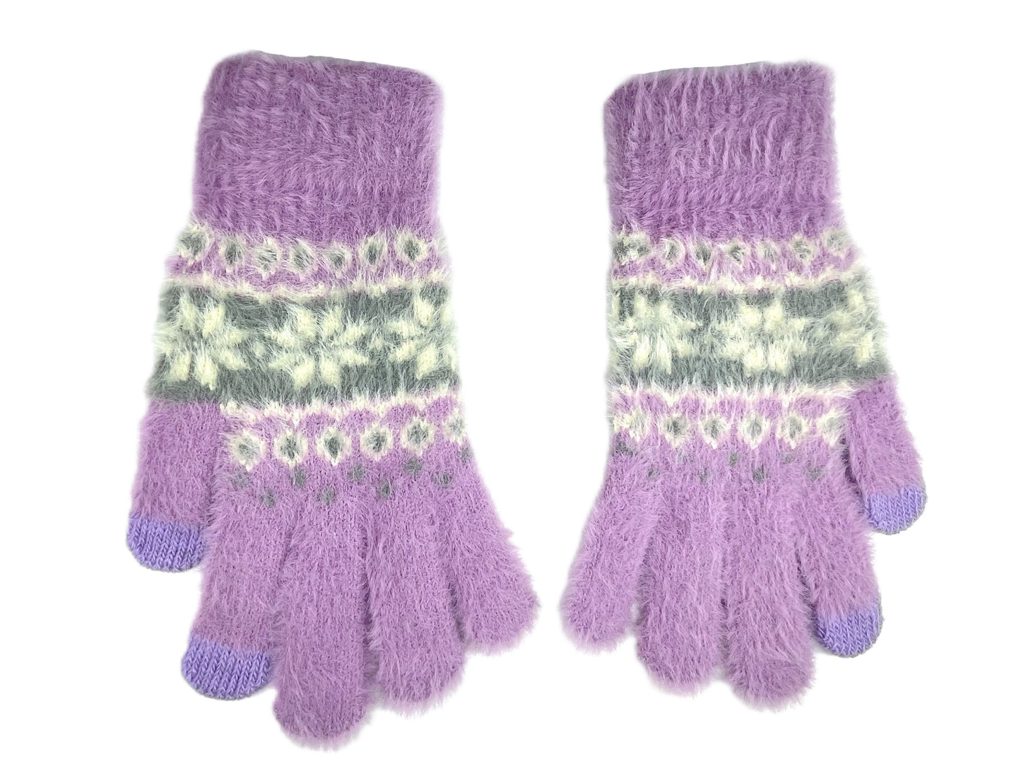 Ladies Touchscreen Gloves Soft Fluffy Fair Isle Pattern Knitted Winter Gloves