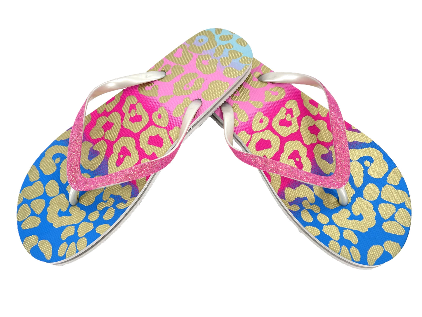 Ladies Leopard Print Glittery Strap Summer Flip Flops Beach Sandals with Diamantes