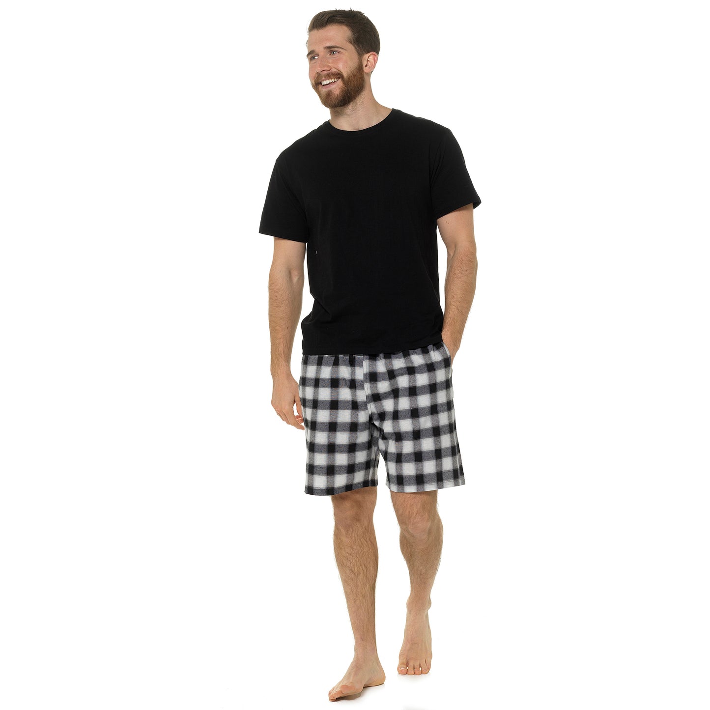 Mens Cotton Jersey T-Shirt and Woven Checked Shorts Pyjamas Set