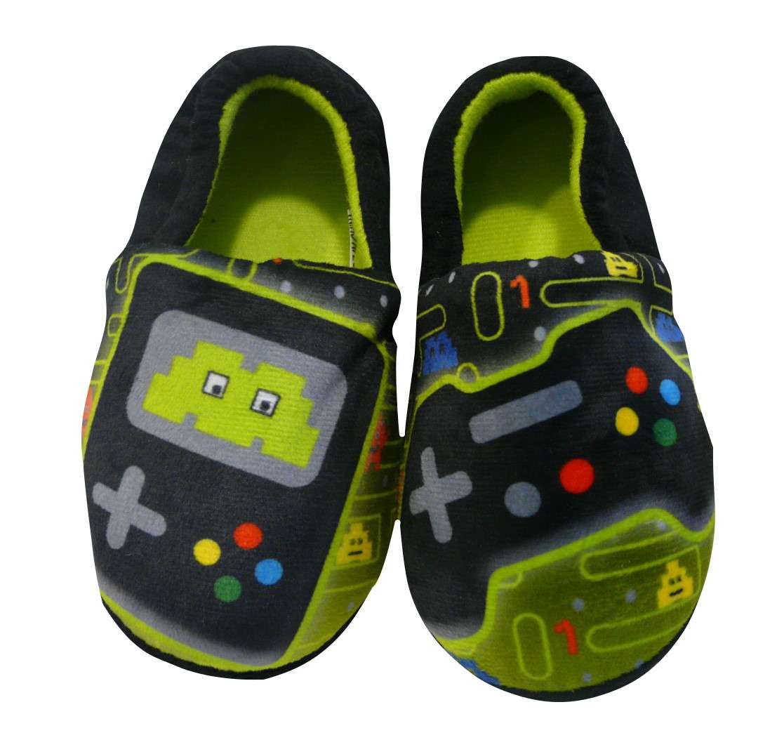 Boys "Game Over" Slippers Black and Green Cushioned Game Controller Slip-On
