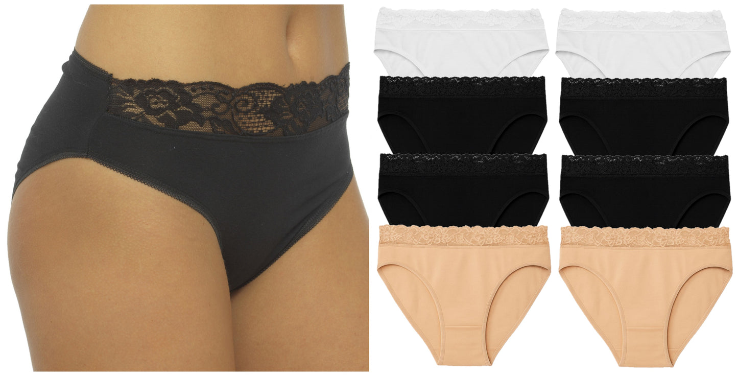 Ladies High Leg Briefs 8 Pack Soft Cotton Stretch Jersey Knickers with Lace Tops UK Sizes 10-16 Machine Washable