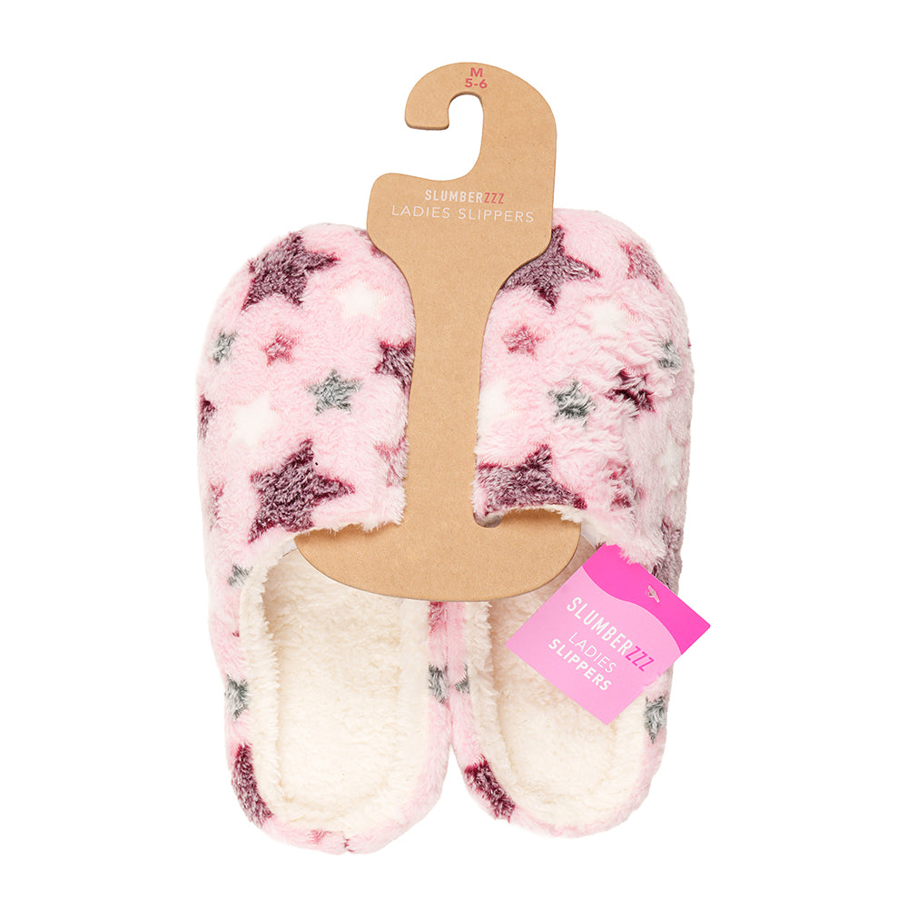 Ladies Pink Star Cosy Mule Slippers with Faux Fur Lining Memory Foam Cushioned Footbed Comfortable Non-Slip Sole Elegant Ladies Warm UK Sizes 3 -8