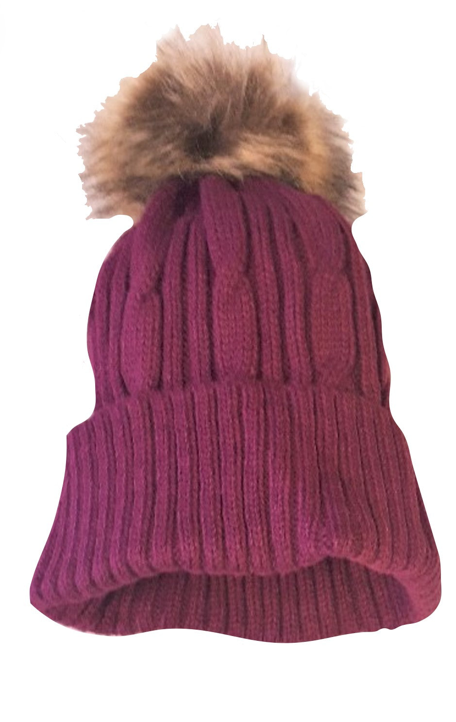 Ladies Purple Chunky Knit Hat with Faux Fur Bobble