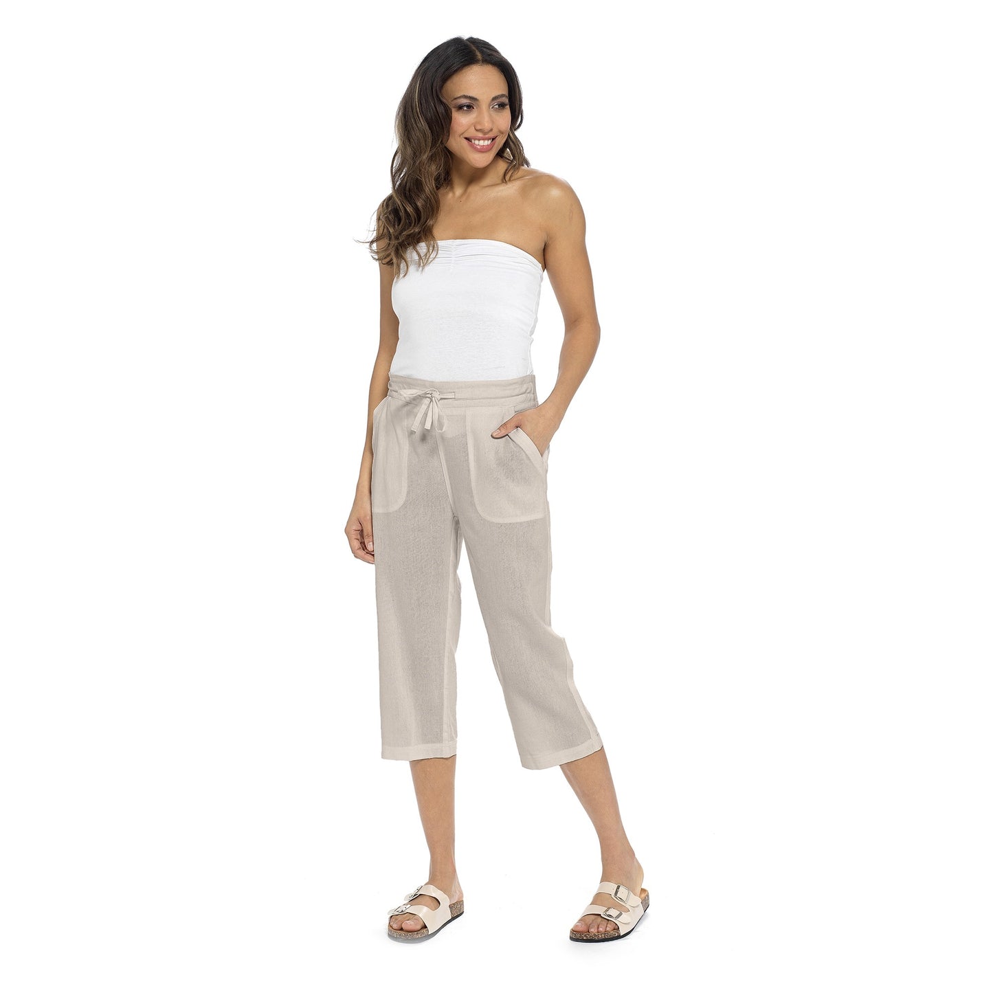 Ladies Linen Blend Cropped Trousers 3/4 Length Casual Summer Pants with Ribbed Waistband and Pockets