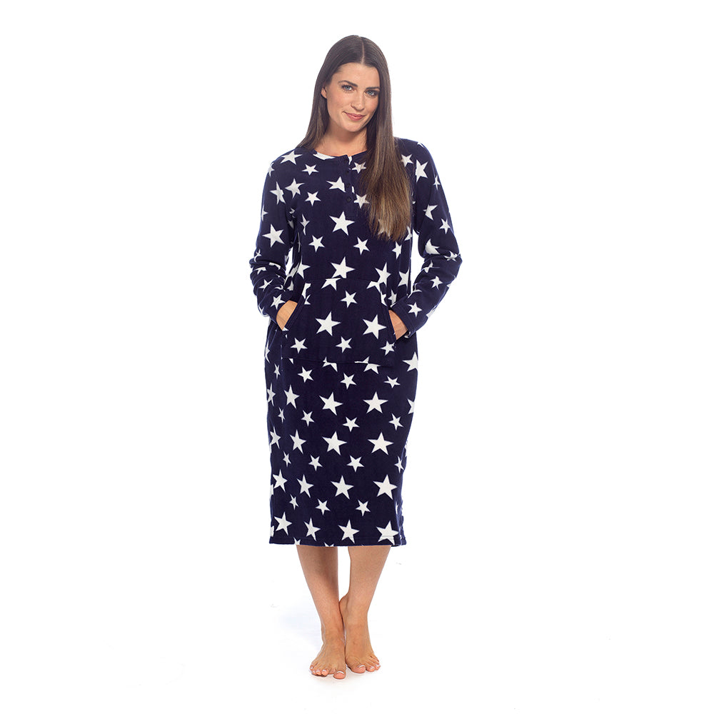 Ladies Fleece Nightie Longer Length Warm Nightdress Lounger with Kangaroo Pocket