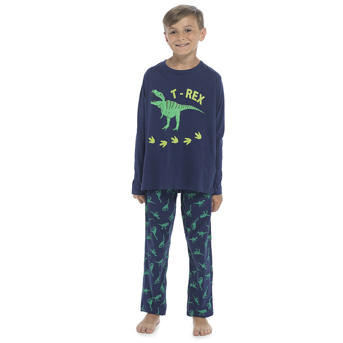 Boys Dinosaur Pyjamas Kids Navy Blue Cotton PJs with Green T-Rex Print