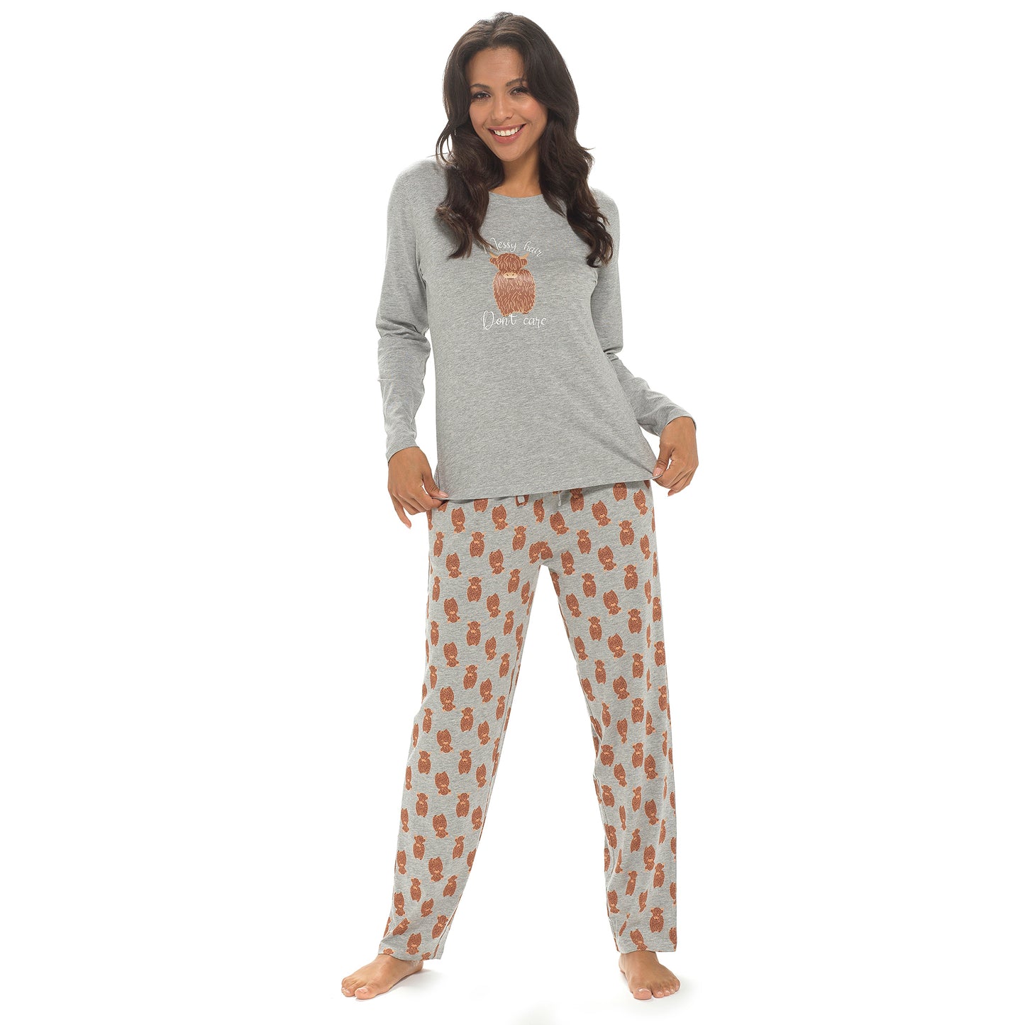 Ladies Highland Cow Pyjamas Womens Grey Cotton Jersey PJs Long Sleeve Gift